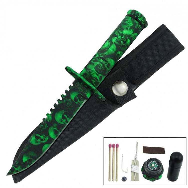 Fixed Blade Sawback Survival Knife 8.5 Inch - Green Skull Camo Collectible Weapons - Tophatter Daily Deals
