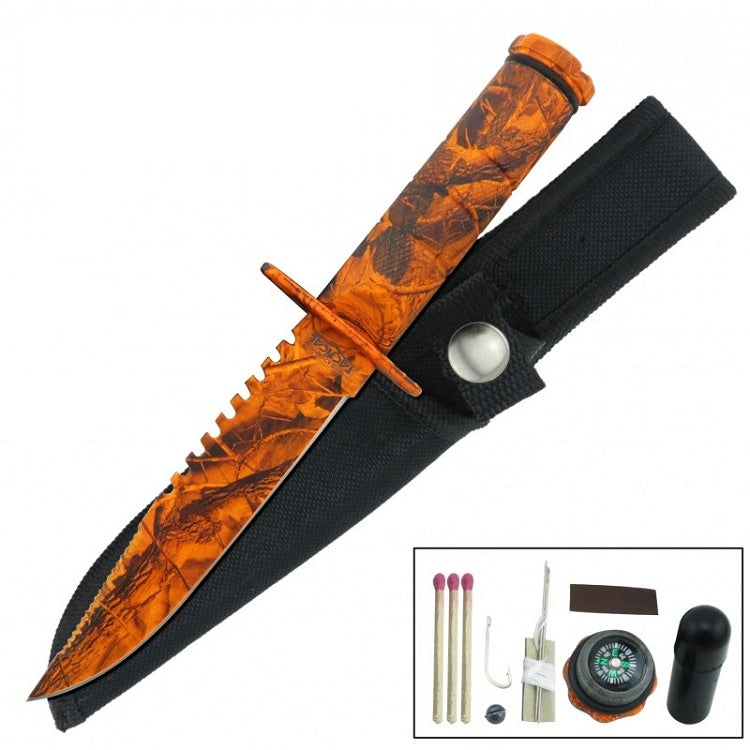 Fixed Blade Sawback Survival Knife 8.5 Inch - Orange Camo - Tophatter's Guns'N'Weapons Store Collectible Weapons - Tophatter Daily Deals