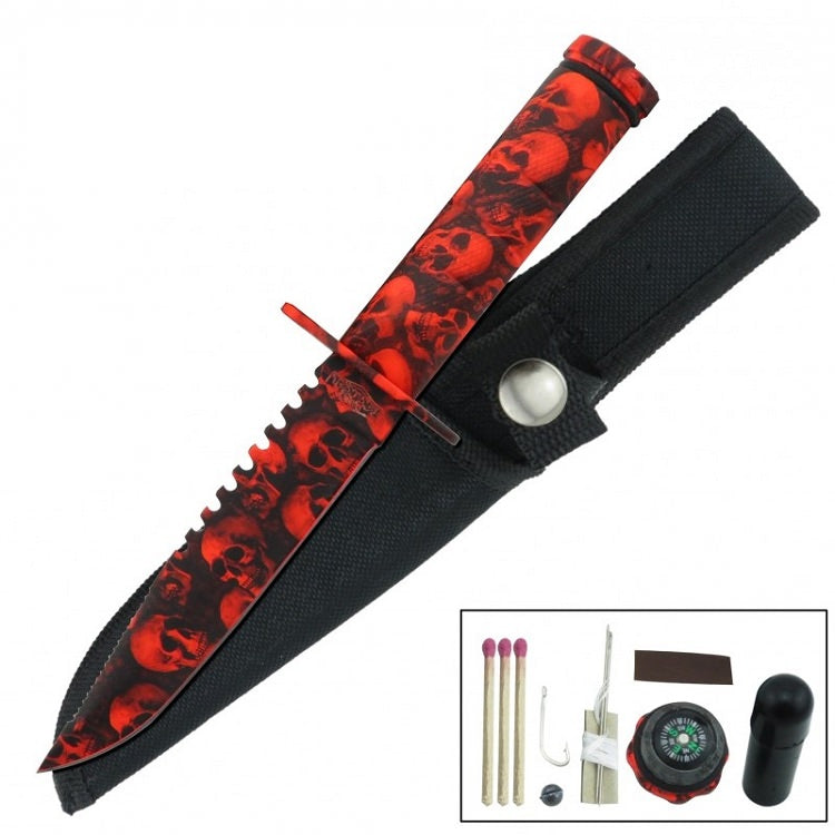 Fixed Blade Sawback Survival Knife 8.5 Inch - Red Skull Camo - Tophatter's Army Products & Self Defense Collectible Weapons - Tophatter Daily Deals