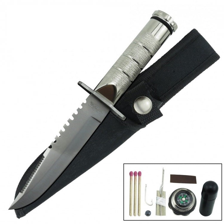 Fixed Blade Sawback Survival Knife 8.5 Inch - Silver - Tophatter's Guns'N'Weapons Store Collectible Weapons - Tophatter Daily Deals