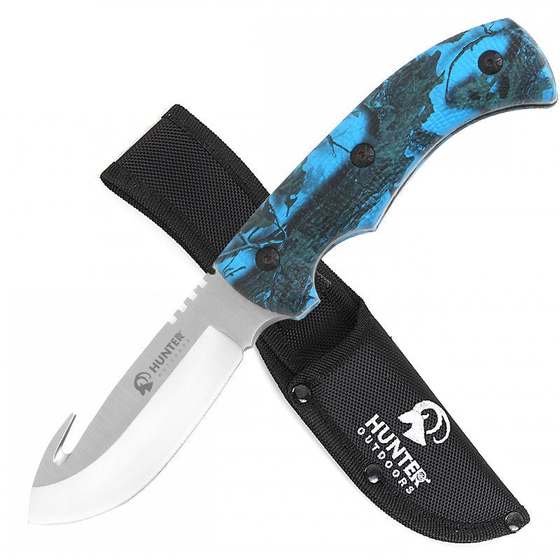9" Hunting Survival Skinning Gut Hook Fixed Blade Knife Blue Camo - Tophatter's Guns'N'Weapons Store - FREE SHIPPING Collectible Weapons - Tophatter Daily Deals
