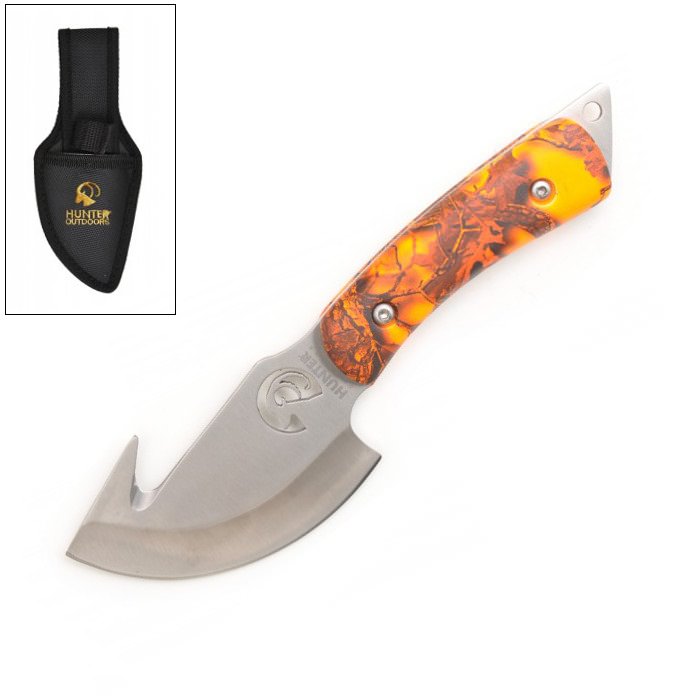 7.25" Orange Camo Hunting Stainless Steel Gut Hook Skinning Knife with Sheath - Tophatter's Inc. Weapons Store Online Collectible Weapons - Tophatter Daily Deals