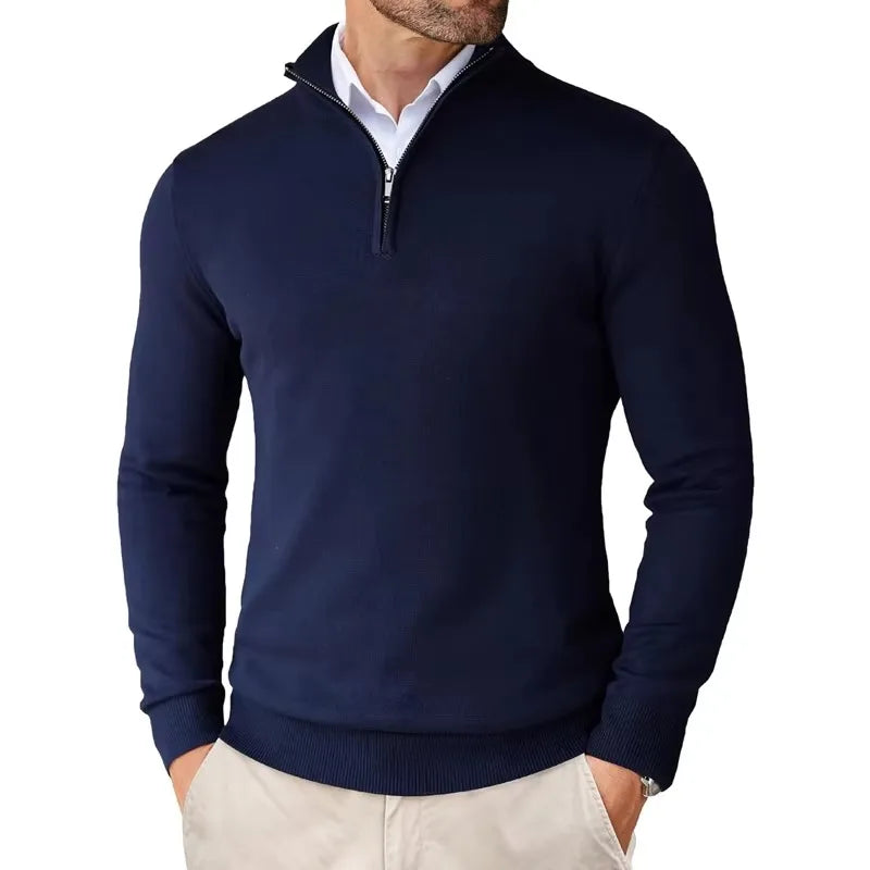 Lightweight Classic Men’s Knit Sweater - Zip Collar, Cotton Blue - Tophatter Daily Deals