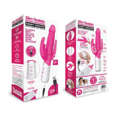 Rabbit Essentials Slim Double Penetration Rabbit Vibrator with Rotating Beads Silicone Pink > Vibrators > Ladies > Rabbit Multi - Tophatter Daily Deals