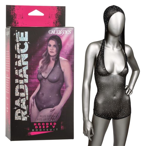 Radiance Plus Size Hooded Deep V Black Mesh Rhinestone Bodysuit > Clothes > Bodies and Playsuits - Tophatter Daily Deals