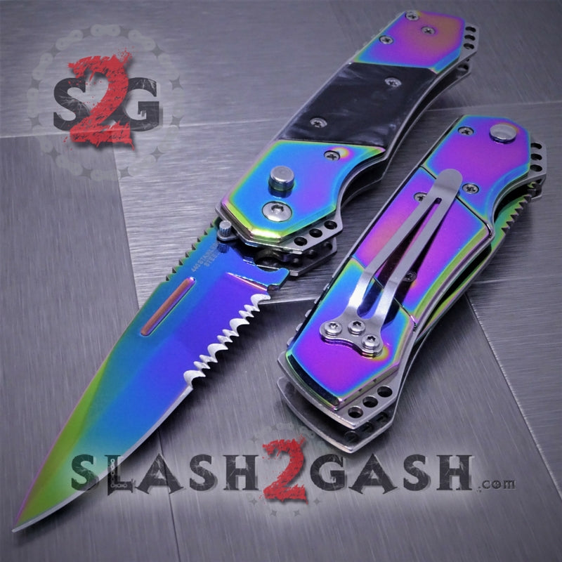 Gentleman's Titanium Rainbow Automatic Knife Serrated - Black Marble Knife-Auto - Tophatter Daily Deals