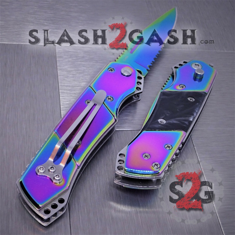 Gentleman's Titanium Rainbow Automatic Knife Serrated - Black Marble Knife-Auto - Tophatter Daily Deals