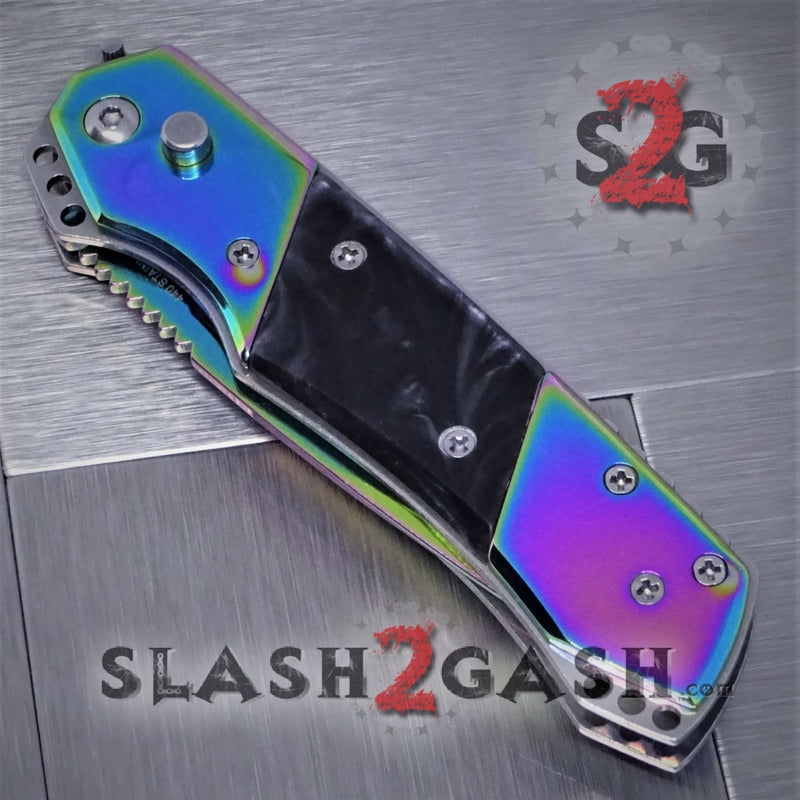 Gentleman's Titanium Rainbow Automatic Knife Serrated - Black Marble Knife-Auto - Tophatter Daily Deals