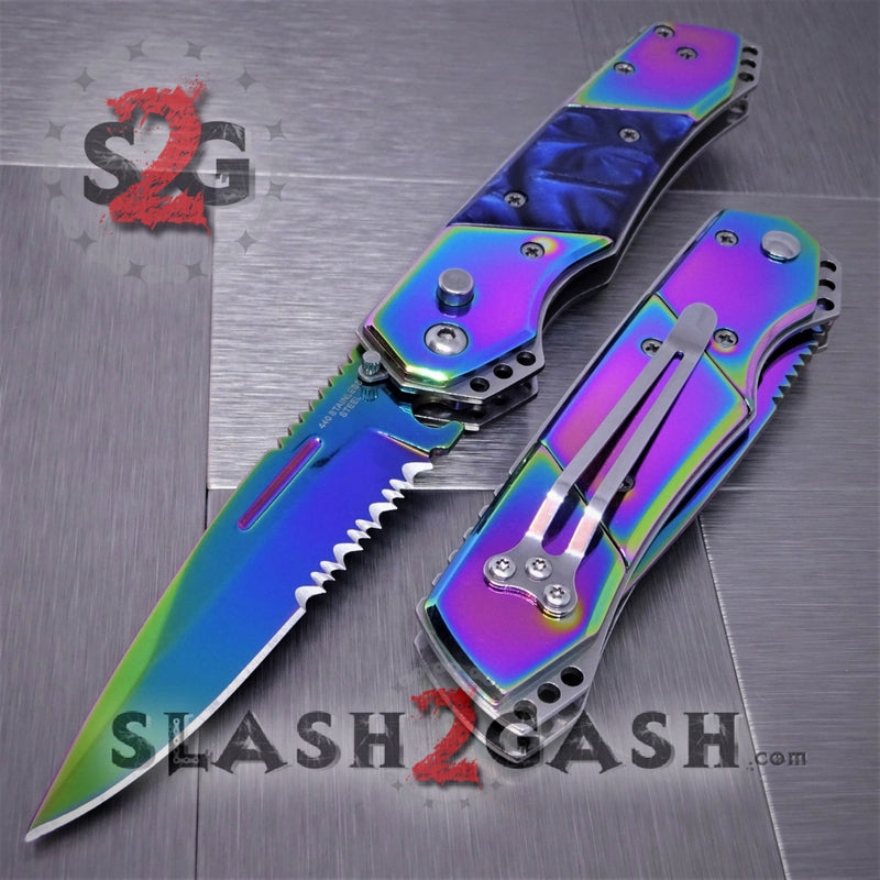 Gentleman's Titanium Rainbow Automatic Knife Serrated - Blue Marble Knife-Auto - Tophatter Daily Deals