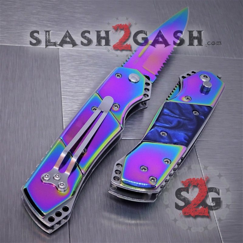 Gentleman's Titanium Rainbow Automatic Knife Serrated - Blue Marble Knife-Auto - Tophatter Daily Deals