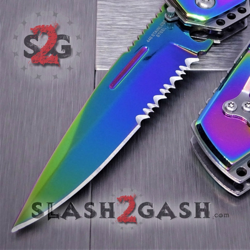 Gentleman's Titanium Rainbow Automatic Knife Serrated - Blue Marble Knife-Auto - Tophatter Daily Deals