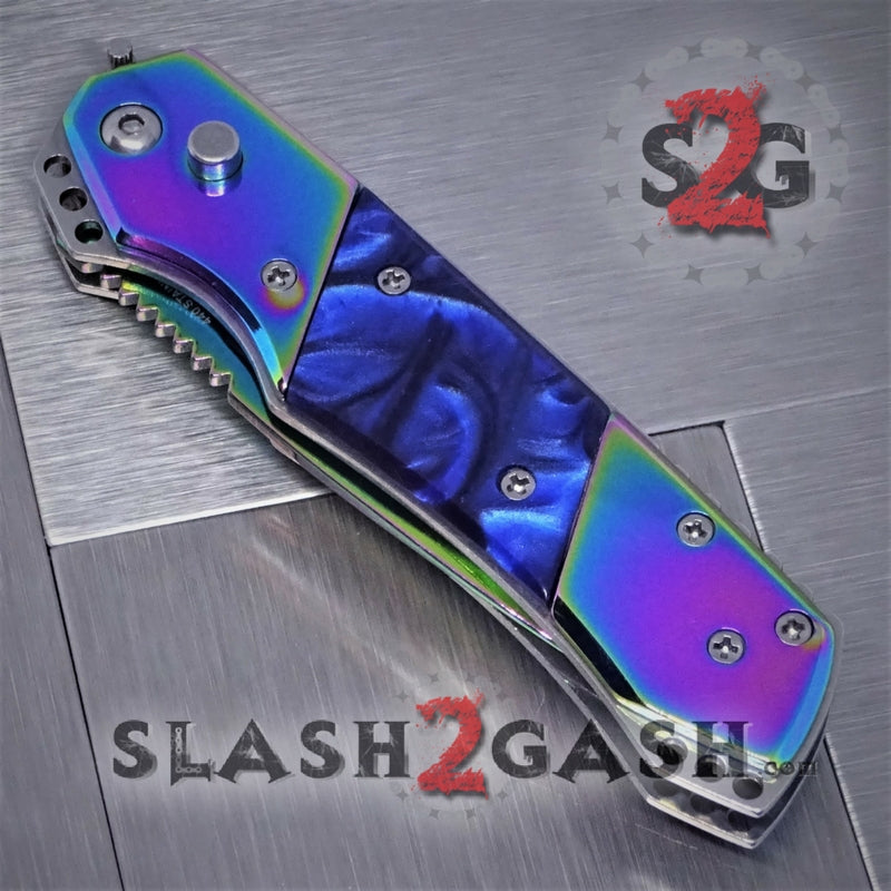 Gentleman's Titanium Rainbow Automatic Knife Serrated - Blue Marble Knife-Auto - Tophatter Daily Deals
