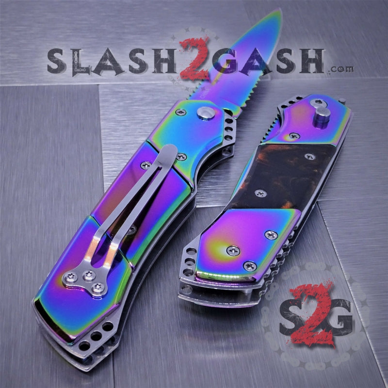 Gentleman's Titanium Rainbow Automatic Knife Serrated - Brown Marble Knife-Auto - Tophatter Daily Deals