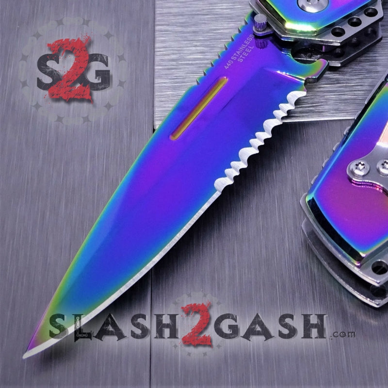 Gentleman's Titanium Rainbow Automatic Knife Serrated - Brown Marble Knife-Auto - Tophatter Daily Deals