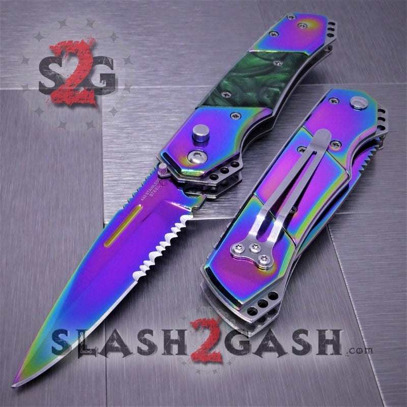 Gentleman's Titanium Rainbow Automatic Knife Serrated - Green Marble Knife-Auto - Tophatter Daily Deals