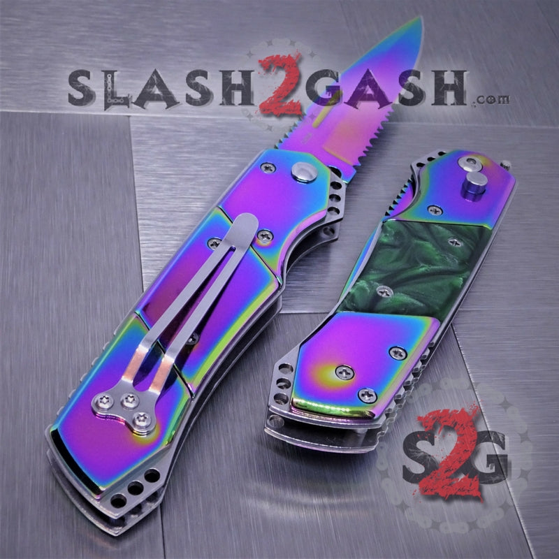 Gentleman's Titanium Rainbow Automatic Knife Serrated - Green Marble Knife-Auto - Tophatter Daily Deals