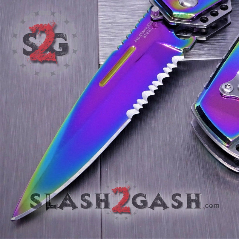 Gentleman's Titanium Rainbow Automatic Knife Serrated - Green Marble Knife-Auto - Tophatter Daily Deals
