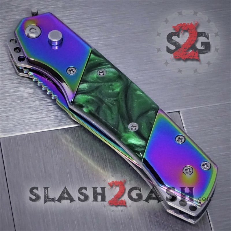 Gentleman's Titanium Rainbow Automatic Knife Serrated - Green Marble Knife-Auto - Tophatter Daily Deals