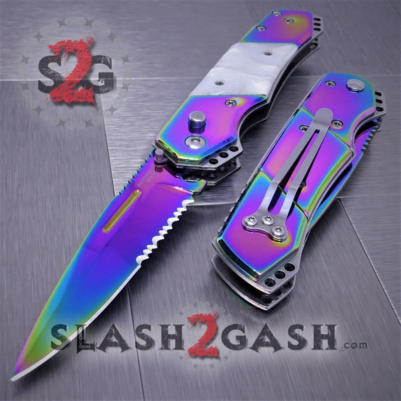 Gentleman's Titanium Rainbow Automatic Knife Serrated - White Marble Knife-Auto - Tophatter Daily Deals