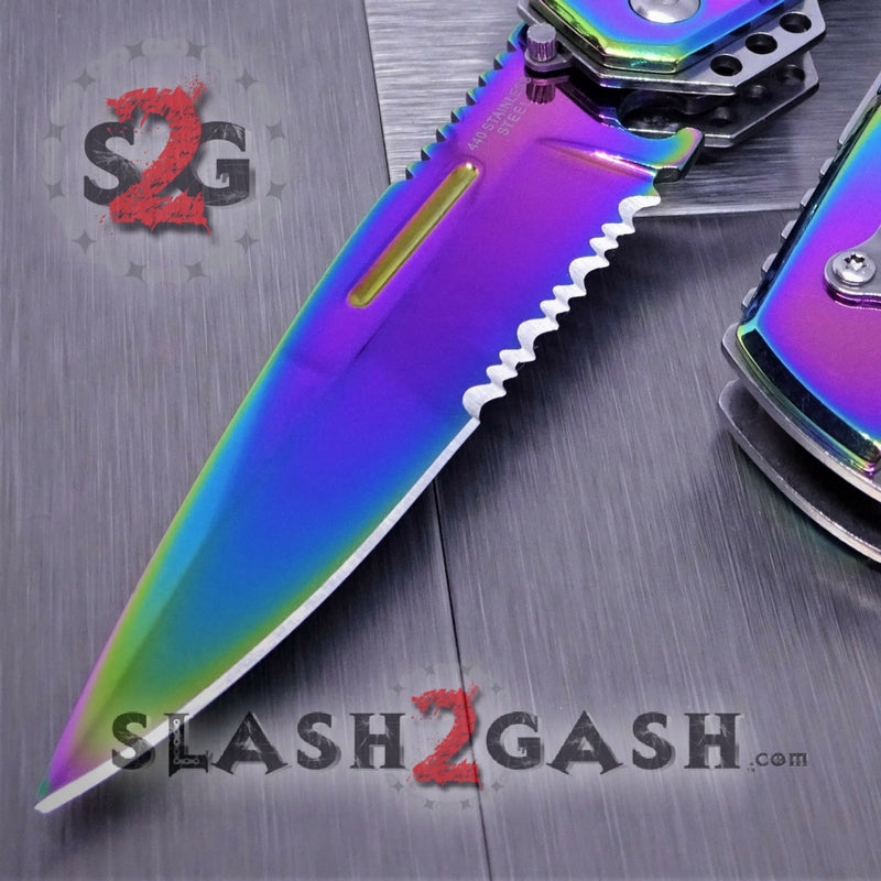 Gentleman's Titanium Rainbow Automatic Knife Serrated - White Marble Knife-Auto - Tophatter Daily Deals