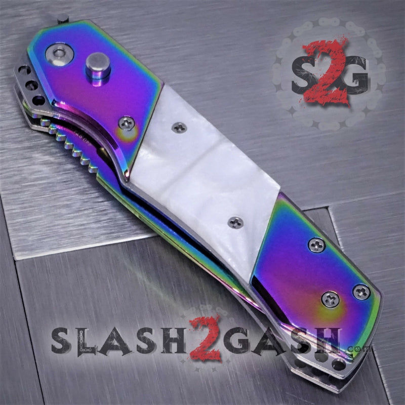 Gentleman's Titanium Rainbow Automatic Knife Serrated - White Marble Knife-Auto - Tophatter Daily Deals