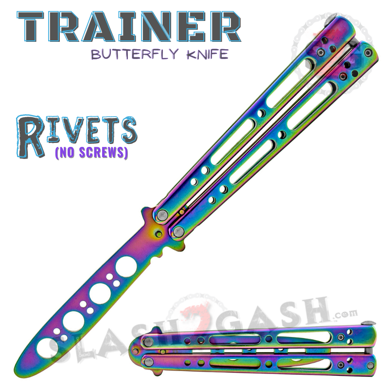 Rainbow Trainer Butterfly Knife Steel Riveted Balisong w/ Spring Latch Titanium - Trainer Knife-Balisong - Tophatter Daily Deals