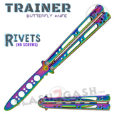 Rainbow Trainer Butterfly Knife Steel Riveted Balisong w/ Spring Latch Titanium - Trainer Knife-Balisong - Tophatter Daily Deals