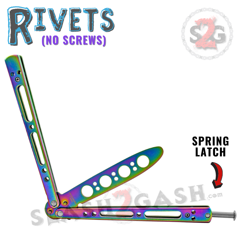 Rainbow Trainer Butterfly Knife Steel Riveted Balisong w/ Spring Latch Knife-Balisong - Tophatter Daily Deals