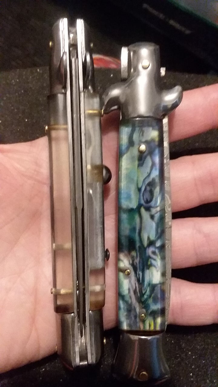 Real Damascus Godfather Stiletto Automatic Knife - Faux Abalone Knife-Auto - Tophatter Daily Deals