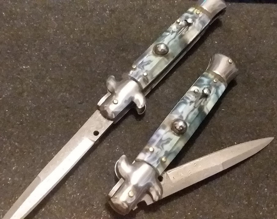 Real Damascus Godfather Stiletto Automatic Knife - Faux Abalone Knife-Auto - Tophatter Daily Deals