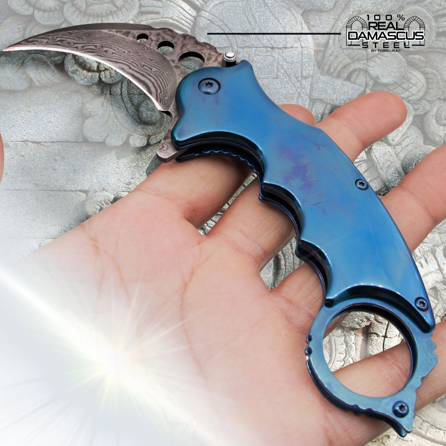 REAL Damascus Karambit Knife Spring Assisted Folder - 5 Colors Blue Knife-Assist - Tophatter Daily Deals