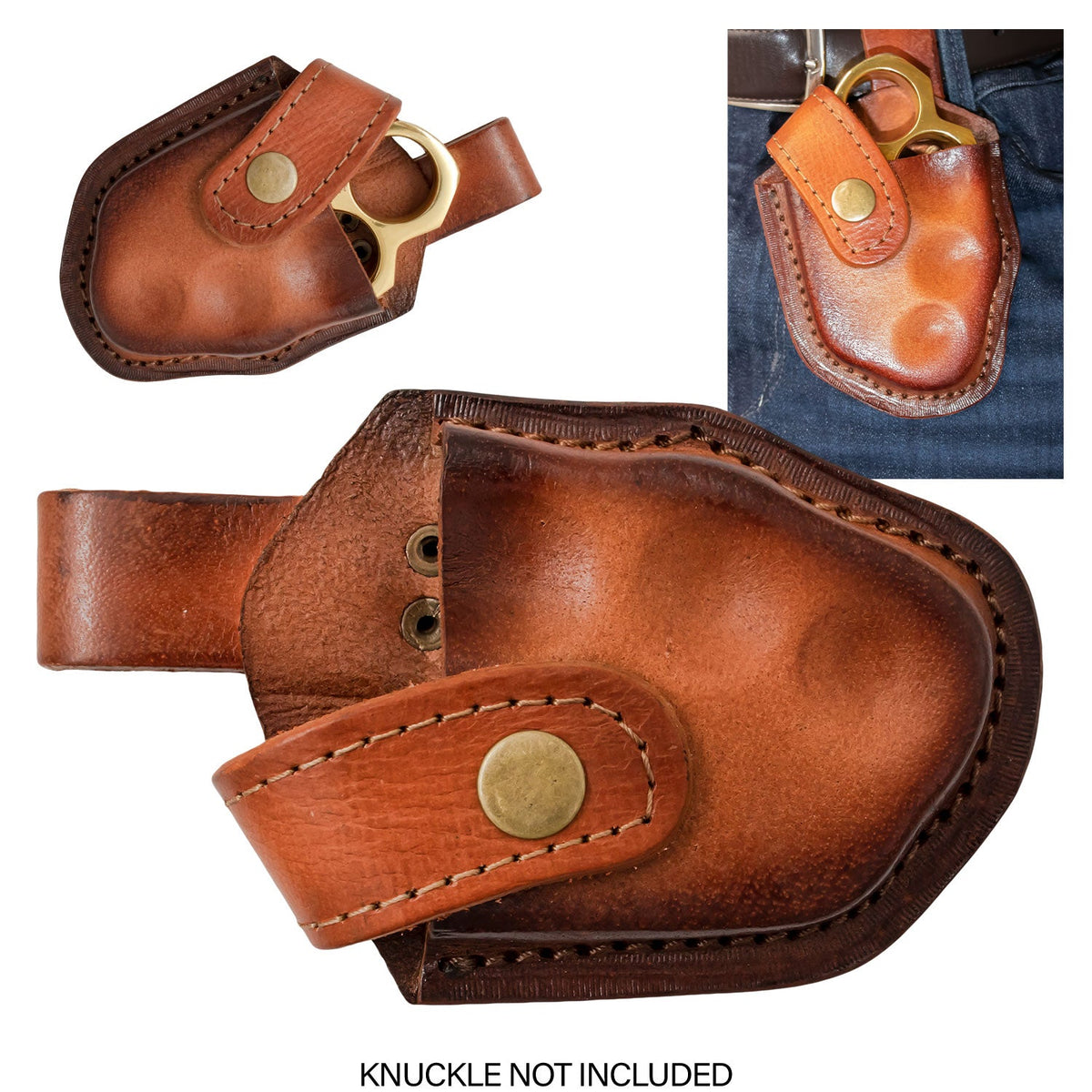 Brown Brass Knuckle Sheath w/ Belt Loop Real Leather - Snap Closure Belt Buckle - Tophatter Daily Deals
