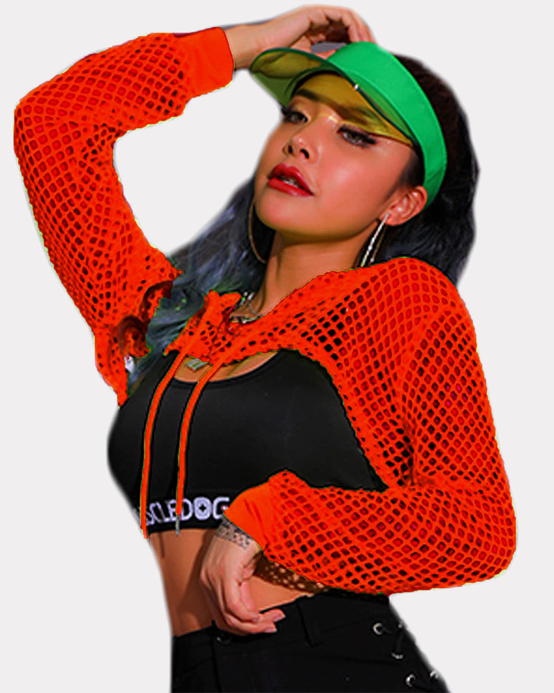 Mesh Hoodie Crop Top Fishnet Shirt (DE Only) Red Lingeries-Crop tops - Tophatter Daily Deals