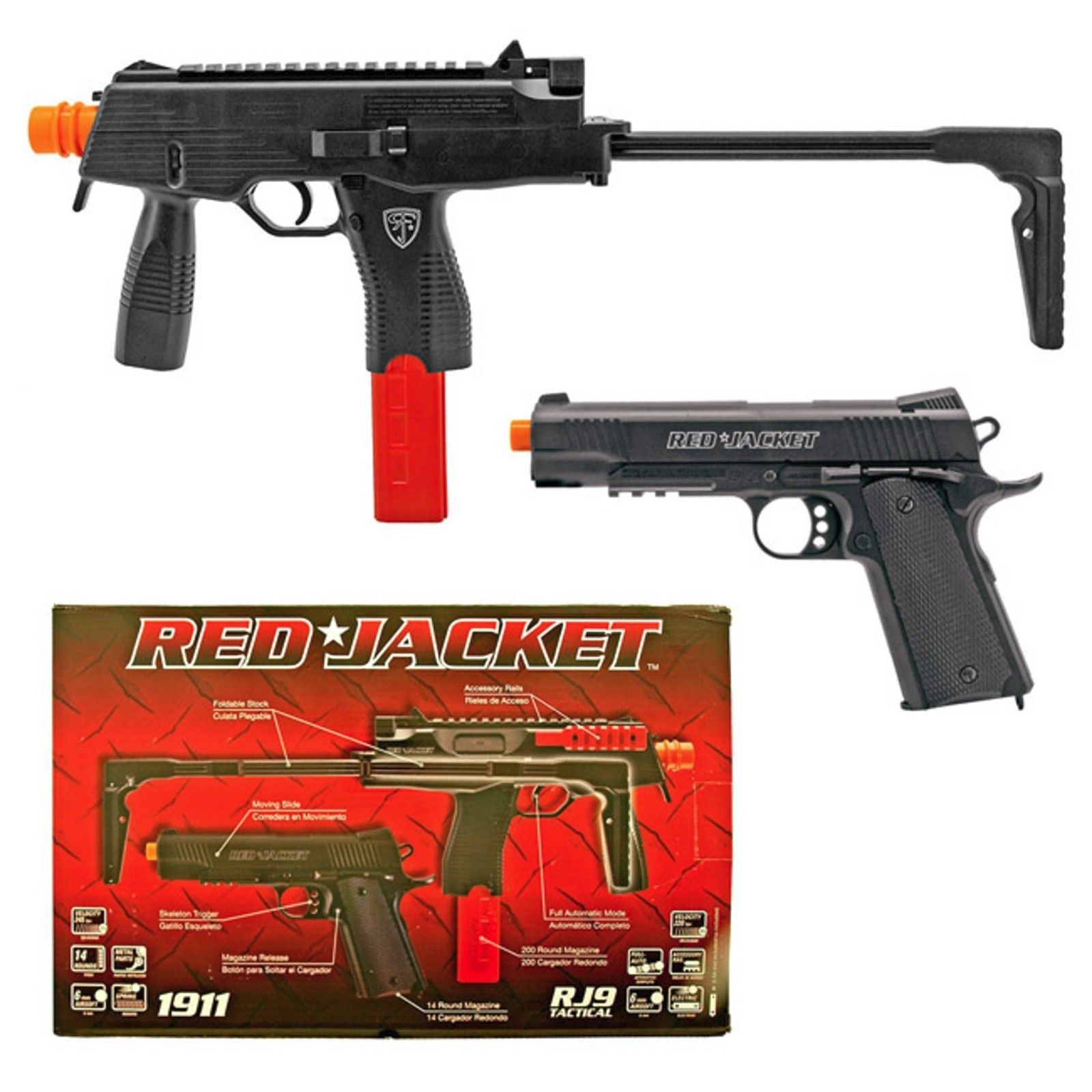 RED JACKET Airsoft Electric UZI and Spring 1911 Handgun Set Airsoft-AEGplastic - Tophatter Daily Deals