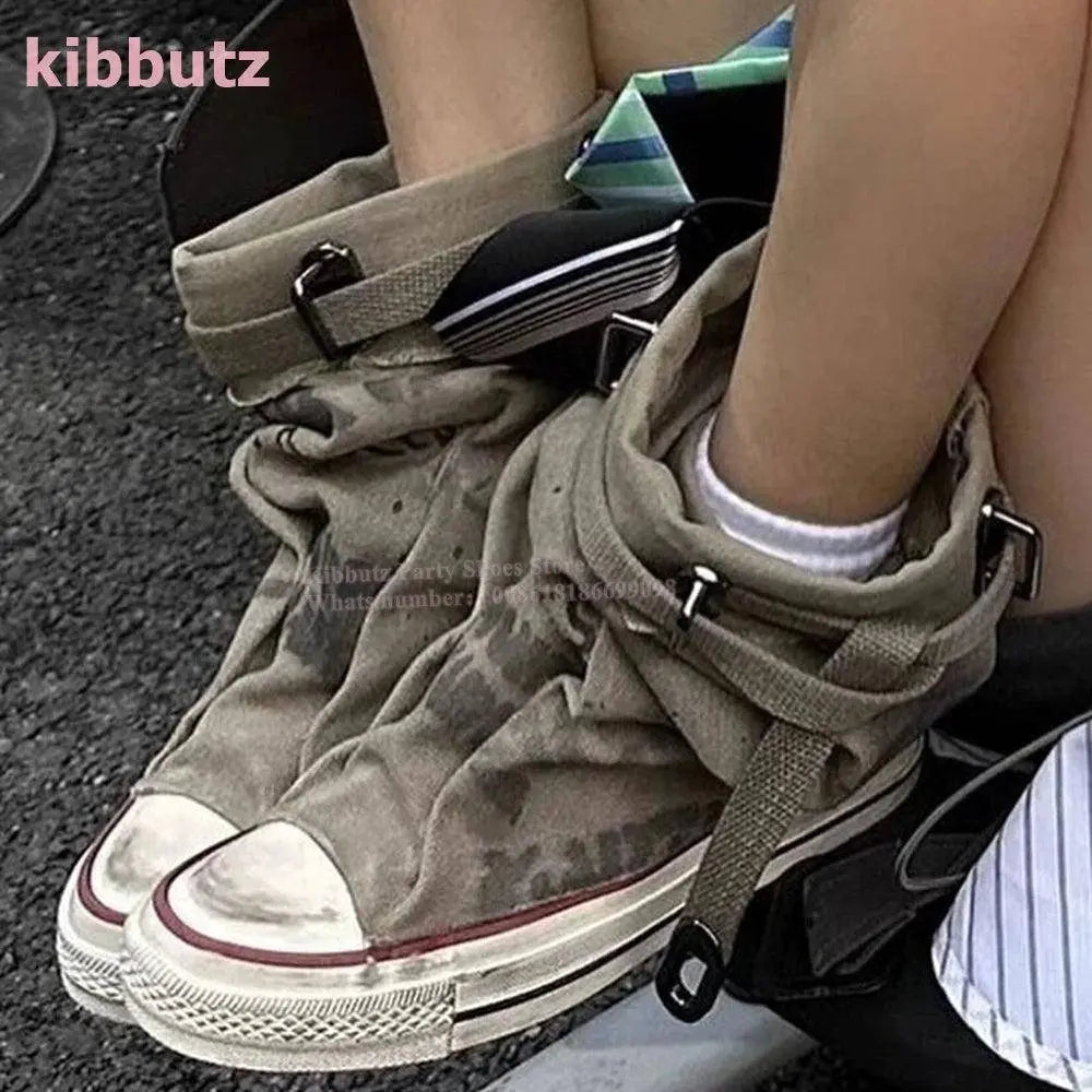 Retro Canvas Mid-Calf Boots Thick Sole Round Toe Belt Buckle Modern Sneaker Pleated Sexy Fashion Y2K Punk Street Shoes for Women - Tophatter Daily Deals