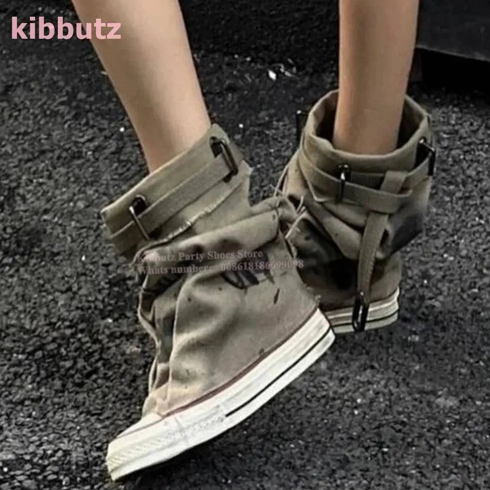 Retro Canvas Mid-Calf Boots Thick Sole Round Toe Belt Buckle Modern Sneaker Pleated Sexy Fashion Y2K Punk Street Shoes for Women - Tophatter Daily Deals
