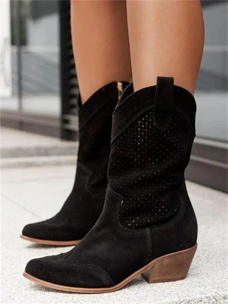 Breathable Womens Western Ankle Boots - Perforated Leather Black - Tophatter Daily Deals