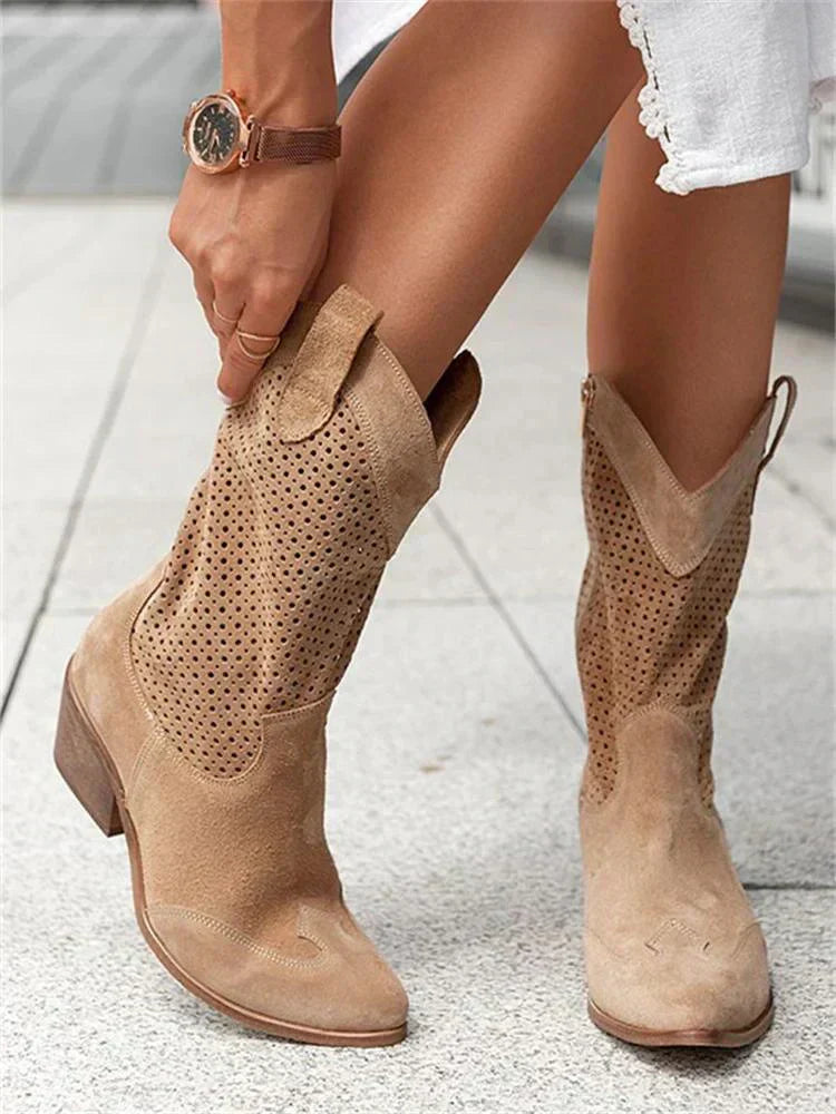 Breathable Womens Western Ankle Boots - Perforated Leather Brown - Tophatter Daily Deals
