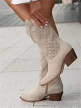 Breathable Womens Western Ankle Boots - Perforated Leather Beige - Tophatter Daily Deals