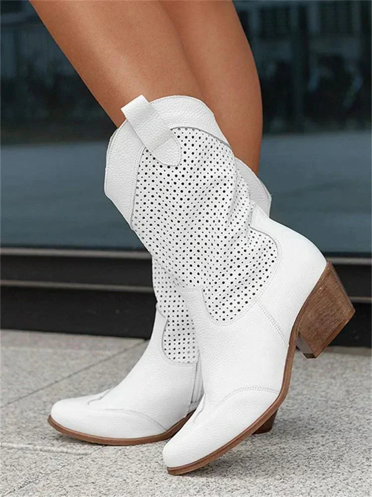 Breathable Womens Western Ankle Boots - Perforated Leather White - Tophatter Daily Deals