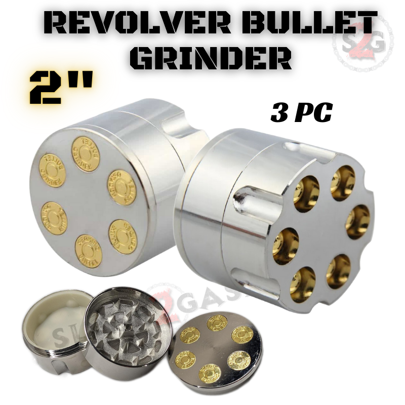 Revolver Bullet Herb Grinder Tobacco Mill - Large 2 Inch 3 piece Large 2" - Silver (v2) Small Bullets Smoking Accessories - Tophatter Daily Deals