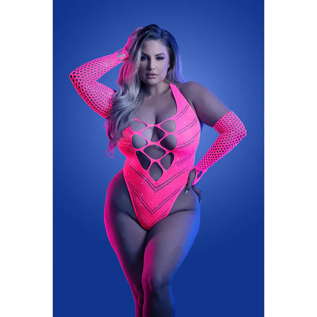 Flashback UV Reactive Rhinestone Fishnet Teddy & Gloves - Queen Size - Tophatter Daily Deals
