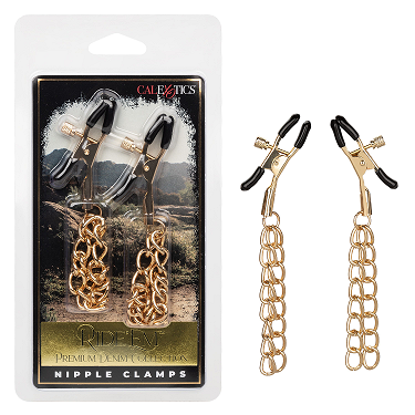 Ride 'Em Premium Denim Collection Adjustable Gold Tone Nipple Clamps with Chain > Sex Toys > Nipple Clips - Tophatter Daily Deals