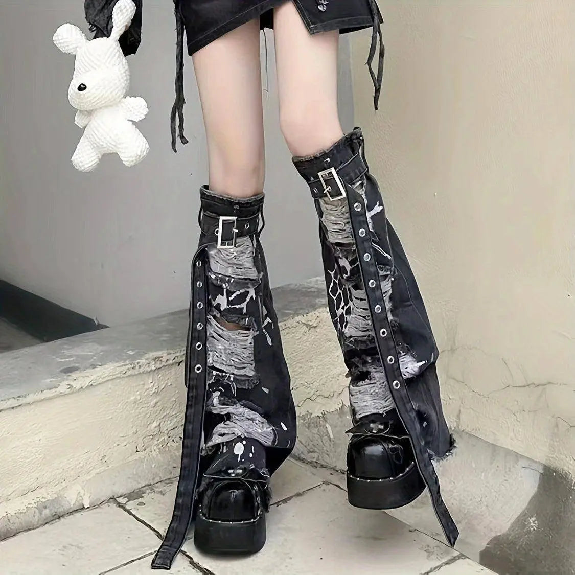 Ripped Buckle Detail Leg Warmers, Y2K Street Style Flared Knee High Socks, Women's Stockings & Hosiery - Tophatter Daily Deals