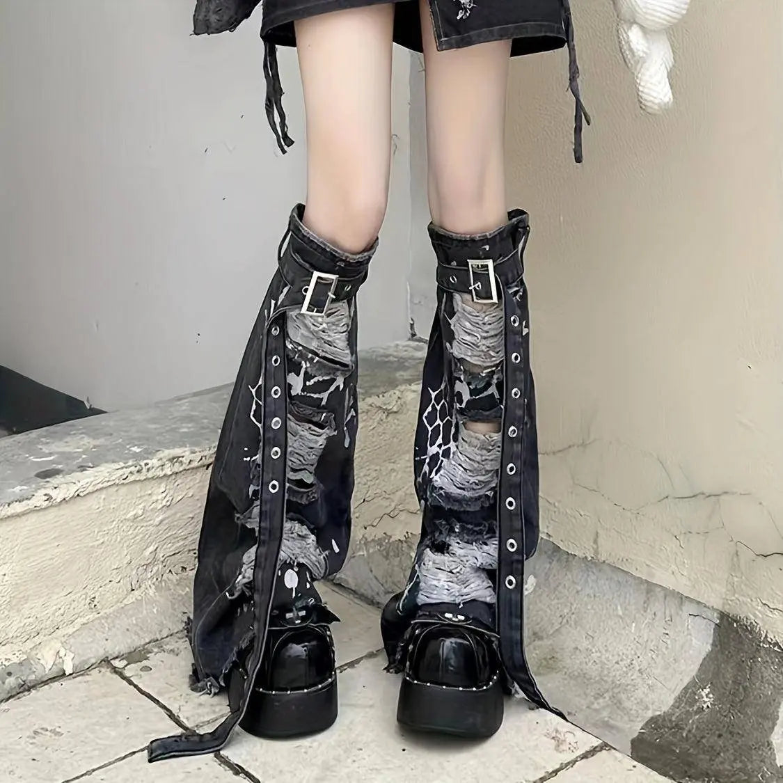 Ripped Buckle Detail Leg Warmers, Y2K Street Style Flared Knee High Socks, Women's Stockings & Hosiery - Tophatter Daily Deals