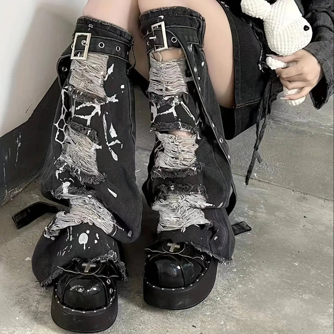 Ripped Buckle Detail Leg Warmers, Y2K Street Style Flared Knee High Socks, Women's Stockings & Hosiery Black Asian One-size - Tophatter Daily Deals