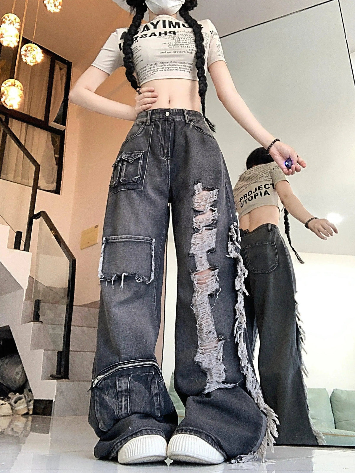 Ripped Distressed Streetwear Washed Raw Trim Flare Leg Loose Fit Grunge Jeans, Women's Denim Jeans & Clothing - Tophatter Daily Deals