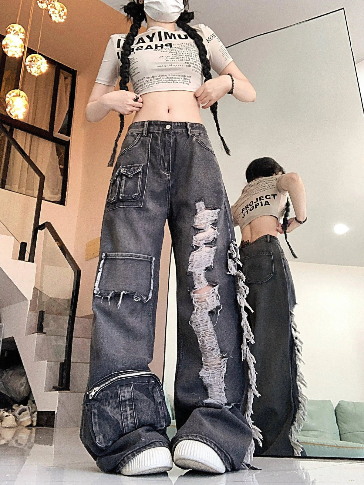 Ripped Distressed Streetwear Washed Raw Trim Flare Leg Loose Fit Grunge Jeans, Women's Denim Jeans & Clothing - Tophatter Daily Deals