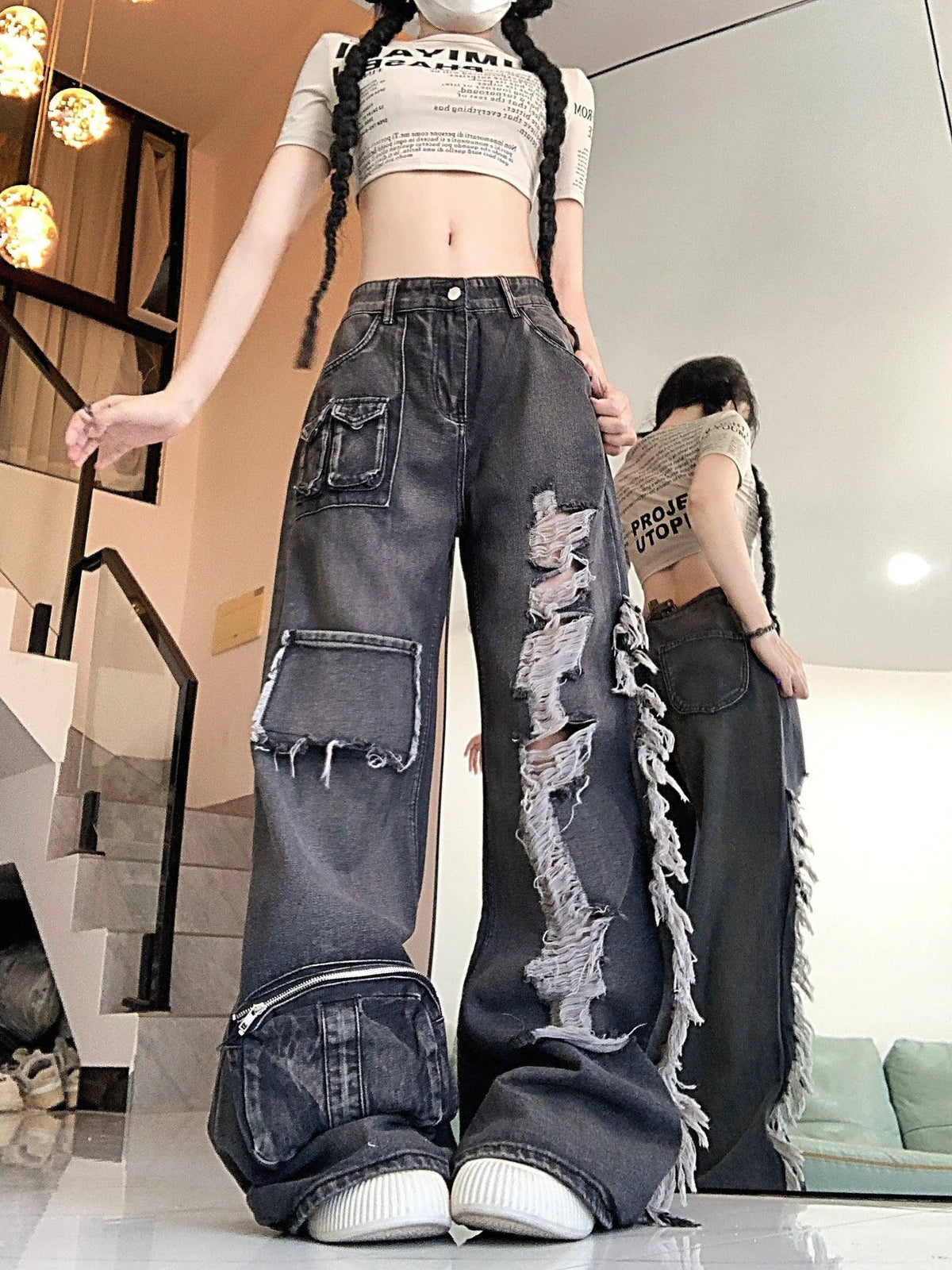 Ripped Distressed Streetwear Washed Raw Trim Flare Leg Loose Fit Grunge Jeans, Women's Denim Jeans & Clothing - Tophatter Daily Deals