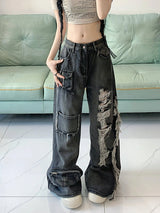 Ripped Distressed Streetwear Washed Raw Trim Flare Leg Loose Fit Grunge Jeans, Women's Denim Jeans & Clothing - Tophatter Daily Deals